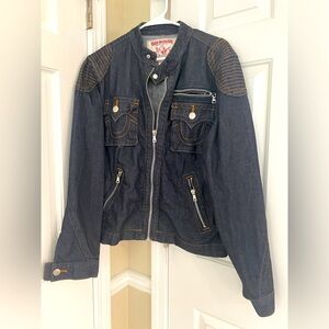 True Religion women Denim Moto Jacket Big T Zip Front Pockets Size L